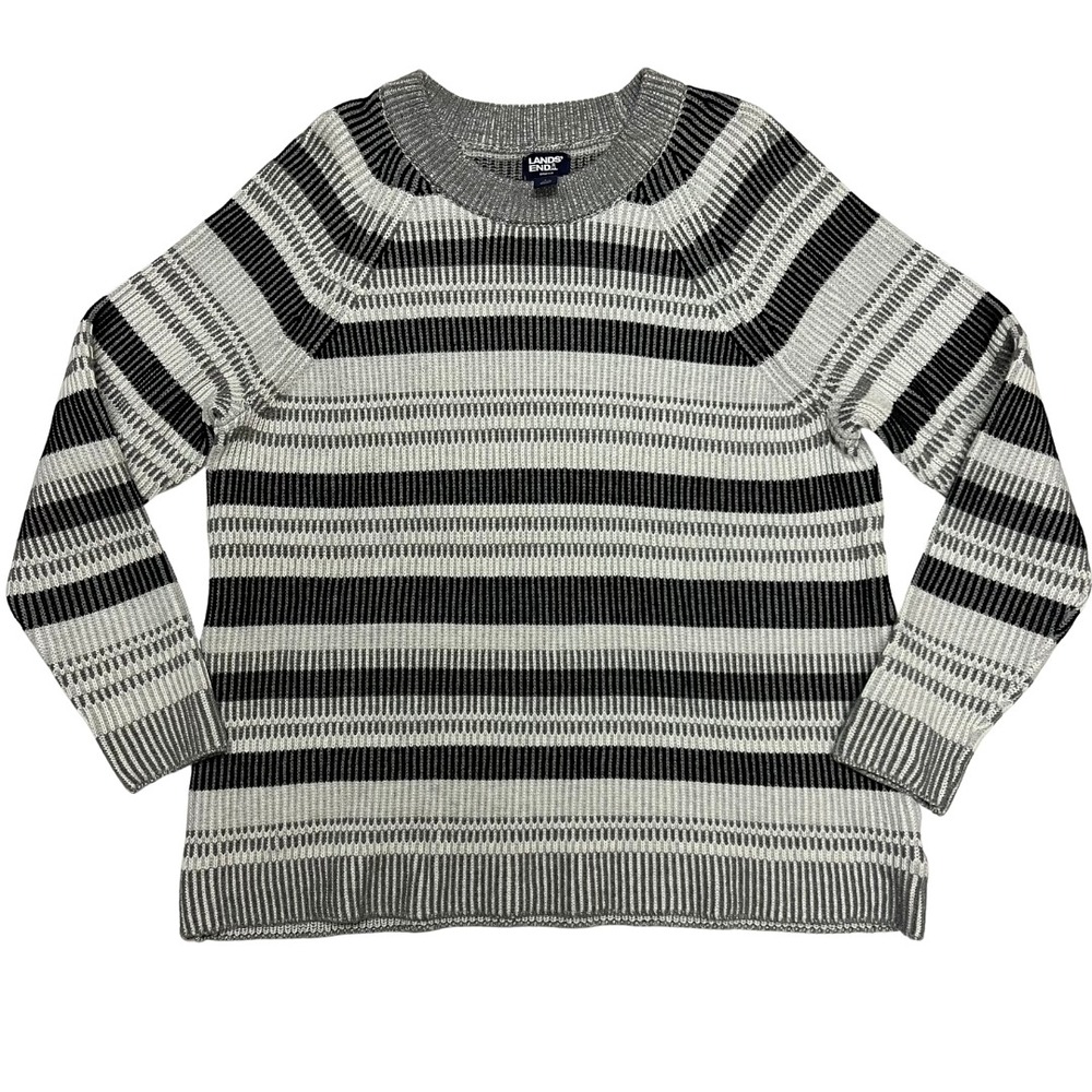 Lands' End Women's‎ Drifter Sweater L Gray Stripe 100% Cotton Knit
